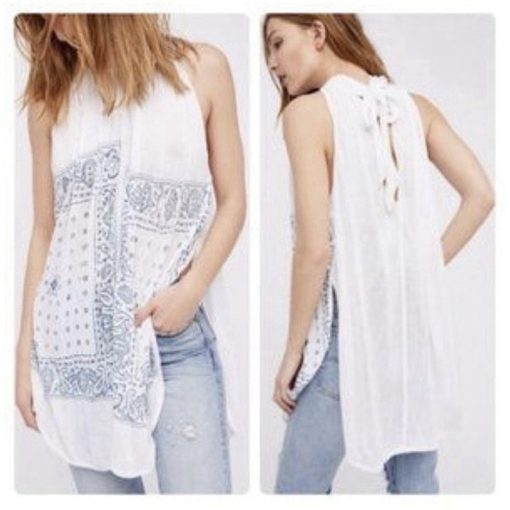 Free People White Sleeveless Tie neck Flowing Tunic Womens S Paisley Bandana Top